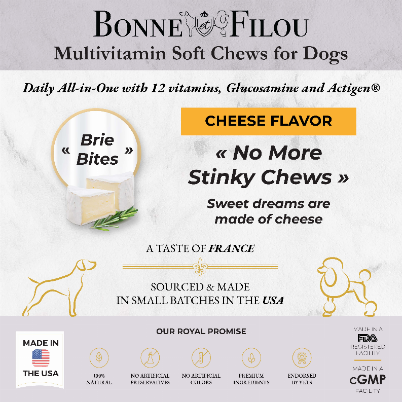 Masticables blandos multivitamínicos para perros 12 en 1 (queso brie) Bonne et Filou
